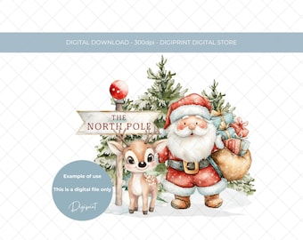 North pole cute Santa reindeer digital PNG Christmas North pole graphic, Cute Christmas reindeer clipart, Christmas eve image for baby PNG