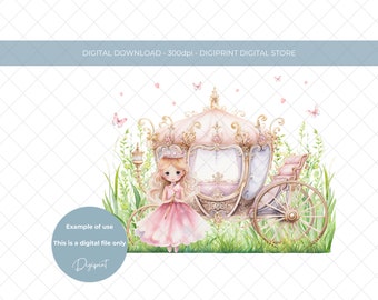 Obrazek urodzinowy księżniczki w kolorze różowym dla dziewcząt, clipart różowego powozu księżniczki, obraz kartki urodzinowej dla dziewcząt, cyfrowe pobieranie księżniczki urodzinowej dla dziewcząt