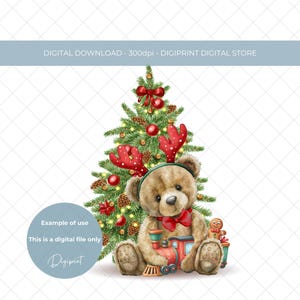 Niedźwiedź renifer z pociągiem świątecznym cyfrowy PNG grafika niedźwiedzia świątecznego, słodki clipart renifera świątecznego, obraz wigilijny dla dziecka PNG