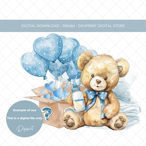 Baby shower boy watercolour teddy and balloon PNG, Baby gender reveal design, Baby shower digital graphic PNG for boy, gender reveal graphic