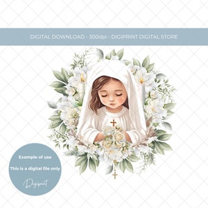 Primera comunión PNG, imagen de primera comunión de niña, diseño de sublimación de la santa comunión, corona floral de eucalipto, calcomanía de cuentas de rosario.