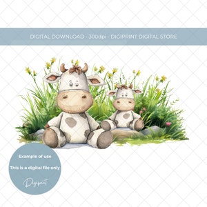 Gráfico de download digital de vaca e bezerro, transferência de sublimação de vaca fofa PNG, imagem de aquarela vaca pai e bebê dia dos pais clipart