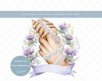 スコットランドの結婚式のハンドファスティングのクリップアート、アザミの花輪、伝統的なケルトのカード作りの昇華PNG（デジタルダウンロード）