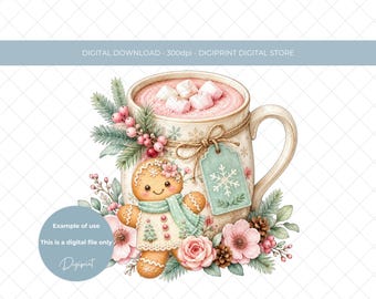 Pink Christmas Hot Chocolate Clipart PNG: Gingerbread, Hot Cocoa (Digital Download)