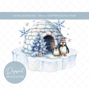 Lindo clipart de iglú de pingüino de Navidad, PNG de nuevo hogar, primer clipart de hogar, diseño de tarjeta, diseño sublimado para la elaboración, iceberg flotante