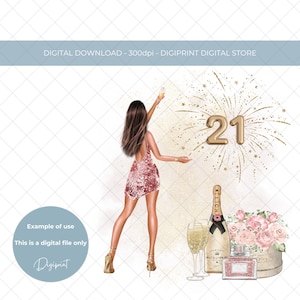 21st birthday champagne and flowers design for girl PNG, Girls 21st birthday sublimation clipart digital download, birthday girl brown hair