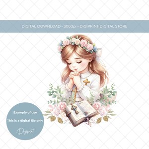 Primera comunión PNG, imagen de primera comunión de niña, diseño de sublimación de primera comunión, corona floral de eucalipto, rosario, biblia.