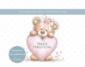母の日おめでとう ピンクのハートのテディベア クリップアート、花柄のコケットリボン PNG (デジタルダウンロード)