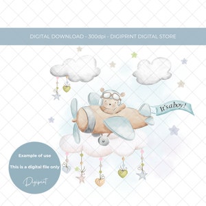 New baby boy watercolour aeroplane PNG, New baby boy card design, New baby transfer digital print, nursery keepsake PNG, it's a boy digital