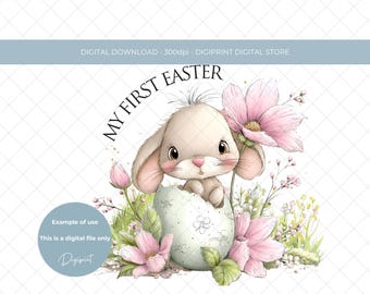 ピンクのイースターバニーPNG、赤ちゃんのための初めてのイースター画像（デジタルダウンロード）