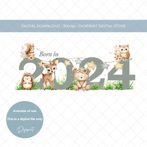 Thème de la forêt né en 2024, année de naissance PNG, Clipart PNG transparent, image nouveau-né pour carte, image gilet bébé 2024, souvenir chambre d'enfant 2024