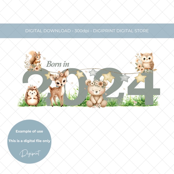 Born in 2024 woodland theme, Year born PNG, Clipart transparent PNG, New born image for card, 2024 baby vest image, nursery keepsake 2024