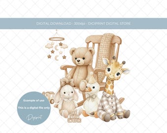 ニュートラルカラーの水彩画風ベビーアニマル柄の子供部屋用グラフィックプリント（デジタルダウンロード）