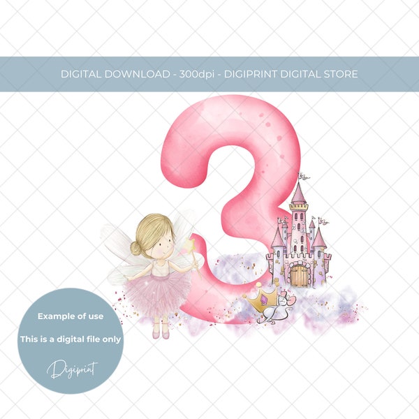 Babies third birthday number three 3rd birthday image, Girls 3rd birthday sublimation PNG clipart digital download, fairy princess clipart