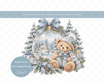 Christmas Bauble PNG, Baby First Christmas Clipart, Soft Pastel Blue Snowy Holiday Sublimation Design, Christmas Bear PNG (Digital download)
