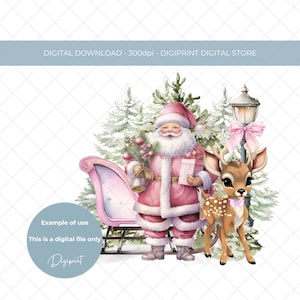 Traîneau du père Noël rose et renne numérique PNG, image de sublimation de joli renne de Noël des cliparts réveillon de Noël boîte sac pour petite fille