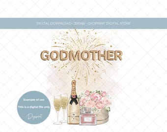 Godmother Champagne Flowers PNG Clipart, Godmother Sublimation Design (Digital Download)