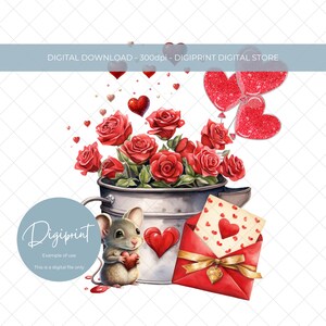 Ratón lindo del día de San Valentín con rosas, diseño de sublimación Love PNG, descarga digital de imágenes prediseñadas de San Valentín, diseño de imágenes prediseñadas del día de San Valentín