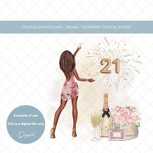 21 cumpleaños diseño de champán y flores para niña PNG, niñas 21 cumpleaños sublimación clipart descarga digital, cumpleañera cabello afro