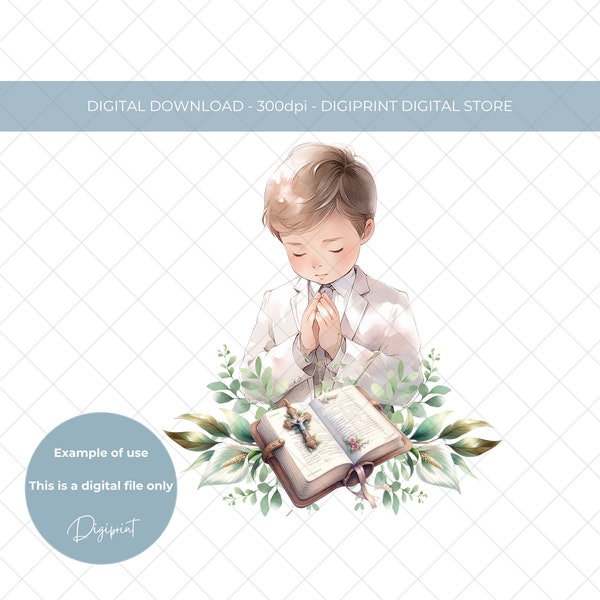 First Holy communion PNG, Boys first holy communion image, holy communion sublimation design, Eucalyptus floral wreath, rosary beads, bible.