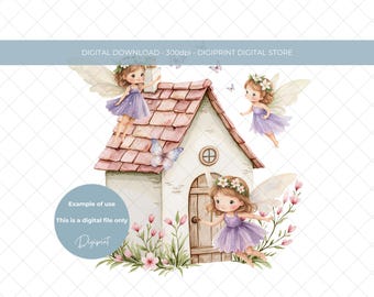 Fairy garden digital clipart PNG, fairy birthday clipart design, whimsical woodland fairy house digital instant download sublimation UVDTF