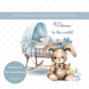 Nieuwe babyjongen aquarel konijntje sublimatie PNG, Nieuw babyjongen kaartontwerp, Nieuwe baby transfer digitale print, kinderdagverblijf welkom in de wereld PNG
