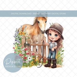 Pony und Mädchen Clipart, Pony Aquarell PNG, Pony Geburtstag Mädchen Bild, süßes Kinderpony PNG für Sublimation oder Druck, Mädchen Geburtstag PNG