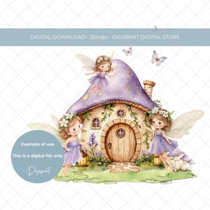 Jardin de fées numérique clipart PNG, conception de clipart anniversaire fée, maison de fée des bois lunatique Téléchargement instantané numérique UVDTF