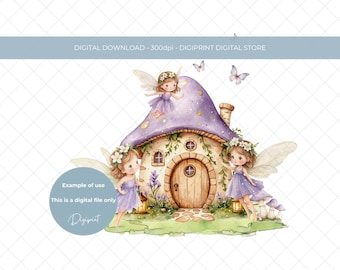 Fairy garden digital clipart PNG, fairy birthday clipart design, whimsical woodland fairy house digital instant download sublimation UVDTF