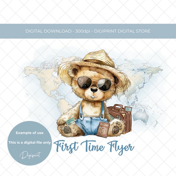 First time flyer PNG for boys, kids first holiday digital print, bear on holiday vacation PNG digital image clipart, holiday print graphic