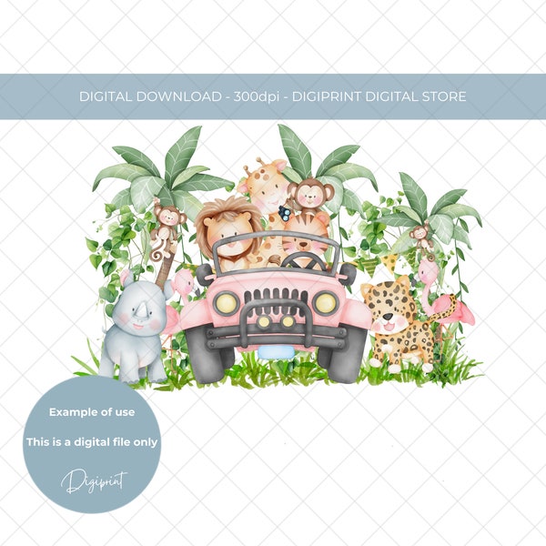 Baby safari animals pink jeep birthday image, baby animal wild safari birthday, baby animal jungle birthday sublimation PNG digital download