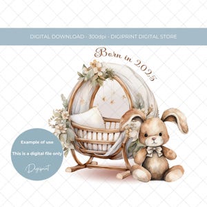 Né en 2025 aquarelle neutre bohème bébé lapin sublimation pour nouveau bébé transfert impression numérique pépinière impression graphique PNG pour nouveau-né