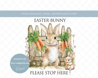 イースターバニー「ここで止まって」クリップアート、水彩ウサギ昇華PNG（デジタルダウンロード）