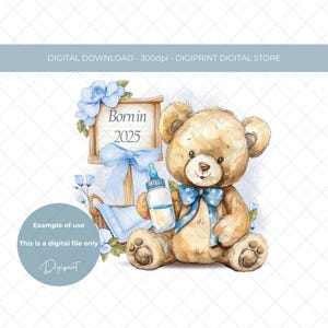 Geboren in 2025 Baby Aquarell Teddy Sublimation PNG, Neues Baby Junge Kartendesign, Neues Baby Transfer Digitaldruck, Kindergarten Druck PNG
