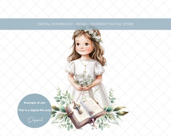 初聖体拝領 PNG、少女の初聖体拝領の画像、聖体拝領の昇華デザイン、ユーカリの花輪、ロザリオのビーズ、聖書。