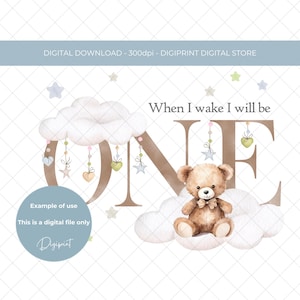 Babies first birthday number one 1st birthday image, When I wake I will be one sublimation clipart digital download, neutral baby clipart