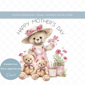 Spring garden teddy and flower Happy Mother&#39;s Day digital instant download clipart PNG Sublimation design Mum Mom Mothers day card graphic