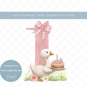 Schattige domme gans 1e verjaardag digitale png-clipart, baby eerste verjaardag nummer één huisje kernafbeelding, babygans 1e verjaardag kaartontwerp