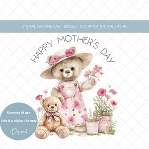 Jardim de primavera ursinho de pelúcia e flor Feliz Dia das Mães download instantâneo digital clipart PNG Design de sublimação Mãe Mãe Cartão de dia das mães gráfico