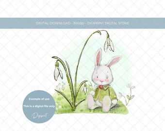 Easter bunny watercolour hand drawn style sublimation PNG, Cute baby bunny , instant digital download, Easter wall art clipart PNG