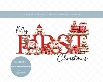 Personalised 1st Christmas Watercolor Clipart: Reindeer Snowman Train Holiday PNG (Digital Download)