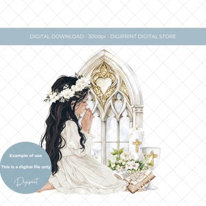 Primera comunión PNG, imagen de primera comunión de niña, diseño de sublimación de primera comunión, gráfico digital de niña rezando con rosario