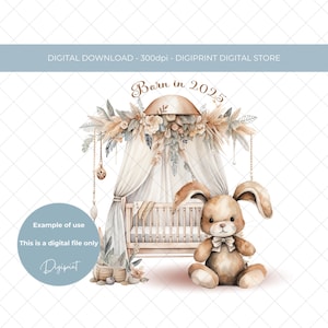 Né en 2025 aquarelle neutre bohème bébé lapin sublimation pour nouveau bébé transfert impression numérique pépinière impression graphique PNG pour nouveau-né