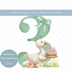 Clipart numérique PNG mignon 3e anniversaire d'oie idiote, image de noyau de chalet troisième anniversaire de bébé troisième numéro trois, conception de carte d'anniversaire de bébé oie 3e