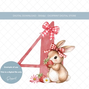 Fraise lapin fille 4e anniversaire numérique PNG clipart bébé quatrième anniversaire numéro 4 fraise image, conception de carte de bébé fille 4e anniversaire