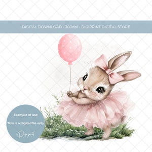 Baby verjaardag ballerina konijntje met ballon sublimatie PNG clipart digitale download meisjes ballet verjaardag afbeelding babykleding kaart afdrukken
