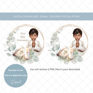 First Holy communion PNG, Dark skin boys first holy communion image, holy communion sublimation design, Eucalyptus rosary beads bible.