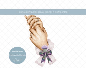 スコットランドの結婚式のハンドファスティングのクリップアート、タータンのリボンとアザミのカード作成昇華PNG（デジタルダウンロード）