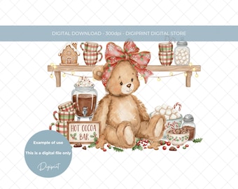 Christmas Hot Chocolate Hot Cocoa Seasonal Bear PNG, Holiday Clipart (Digital Download)