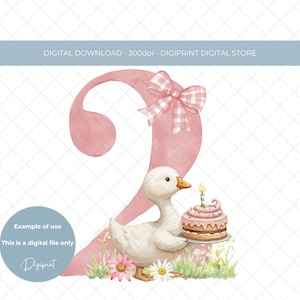 Puede incluir: Ilustración en acuarela del número 2 rosa con un lazo de cuadros. Un pato blanco sostiene un pastel de cumpleaños con una vela encendida. La imagen incluye flores y el texto "DIGITAL DOWNLOAD - 300dpi - DIGIPRINT DIGITAL STORE".